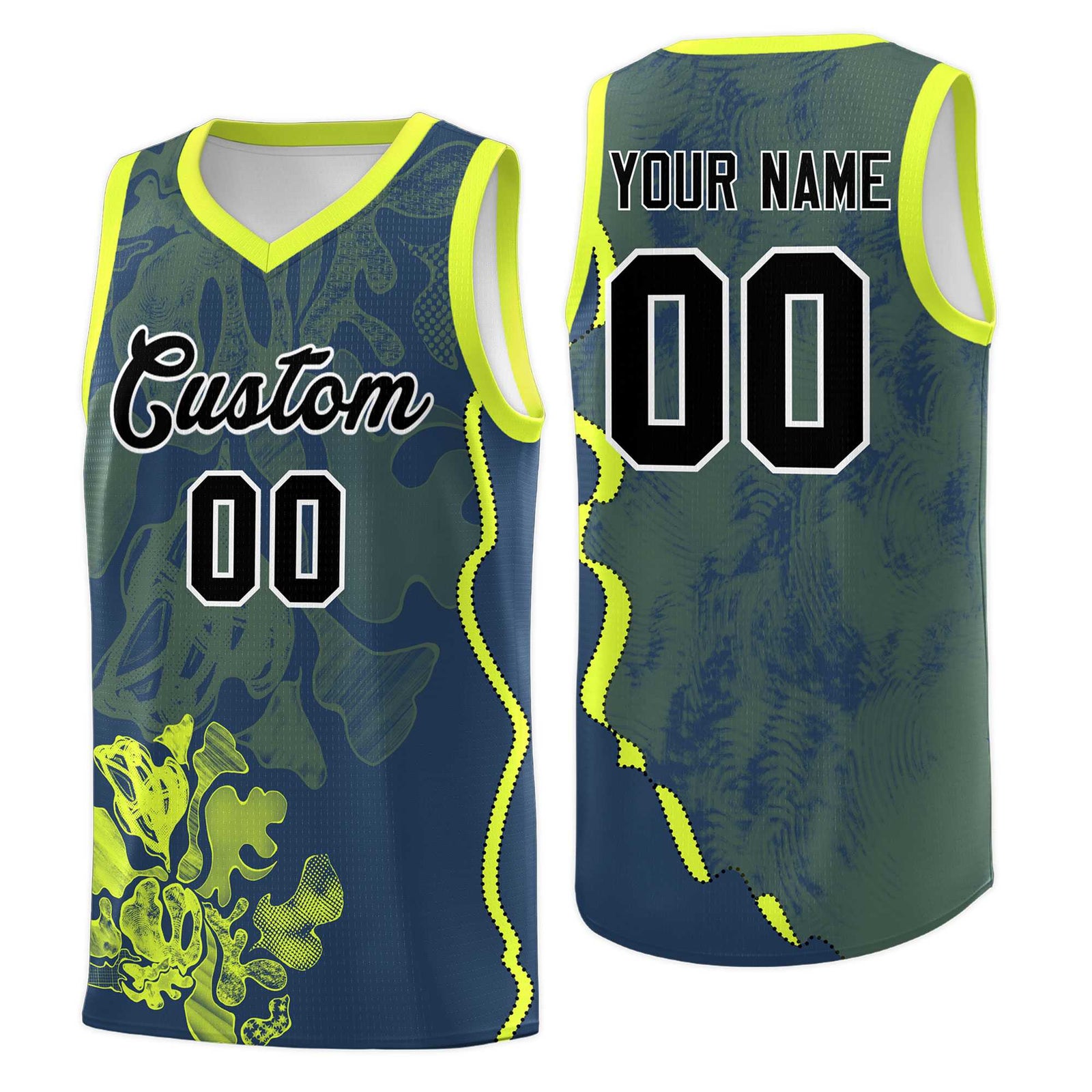 Custom Midnight Blue Fluorescent Green Basketball Jersey - Illusion Flower Graffiti Stylish Fabric