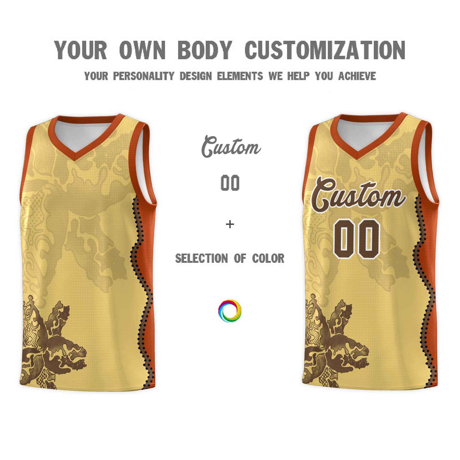 Custom Khaki Dark Orange Basketball Jersey - Illusion Flower Graffiti Unique Fabric