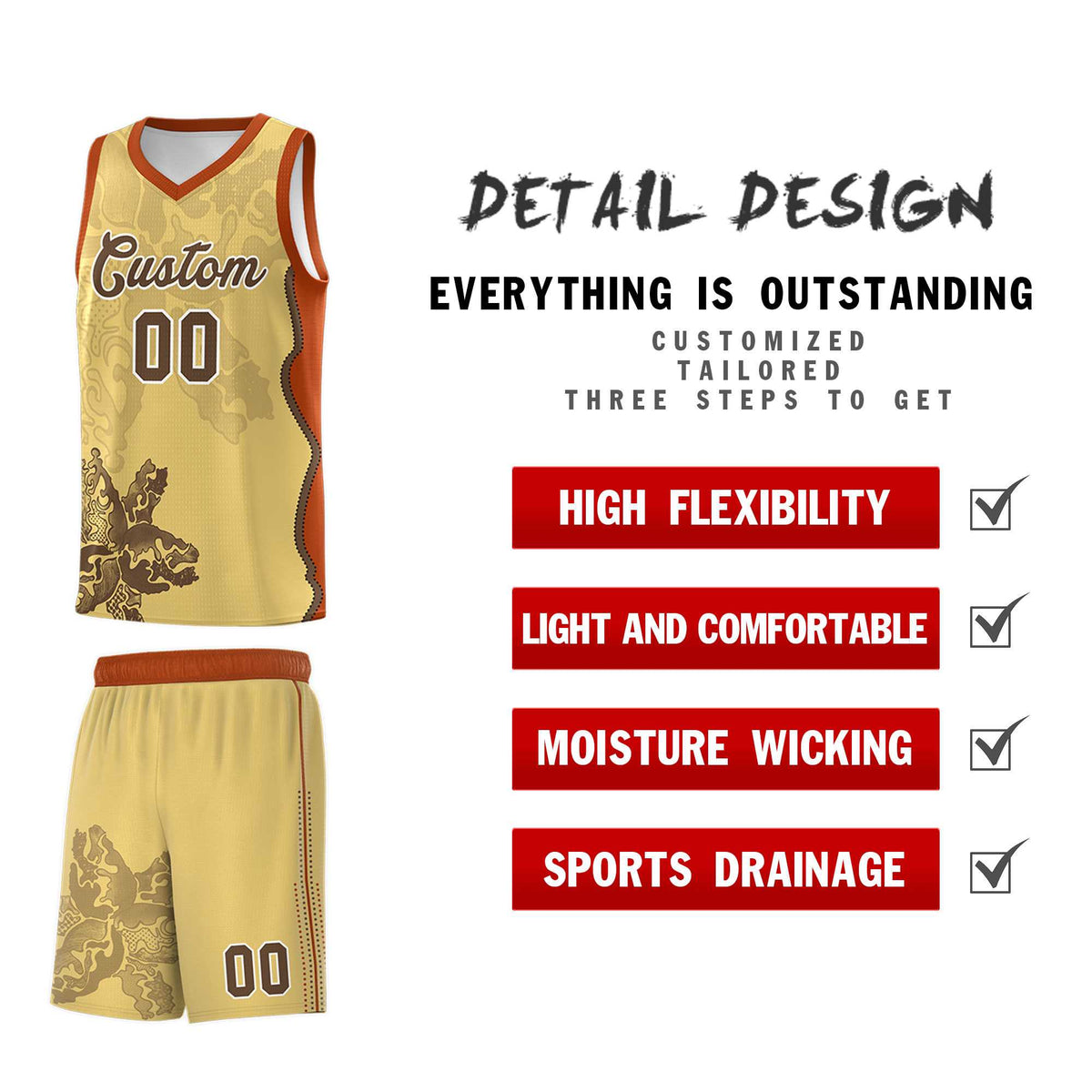 Custom Khaki Dark Orange Basketball Jersey - Illusion Flower Graffiti Unique Fabric