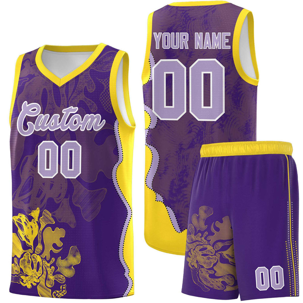 Custom Purple Gold Basketball Jersey - Illusion Flower Graffiti Breathable mesh Fabric