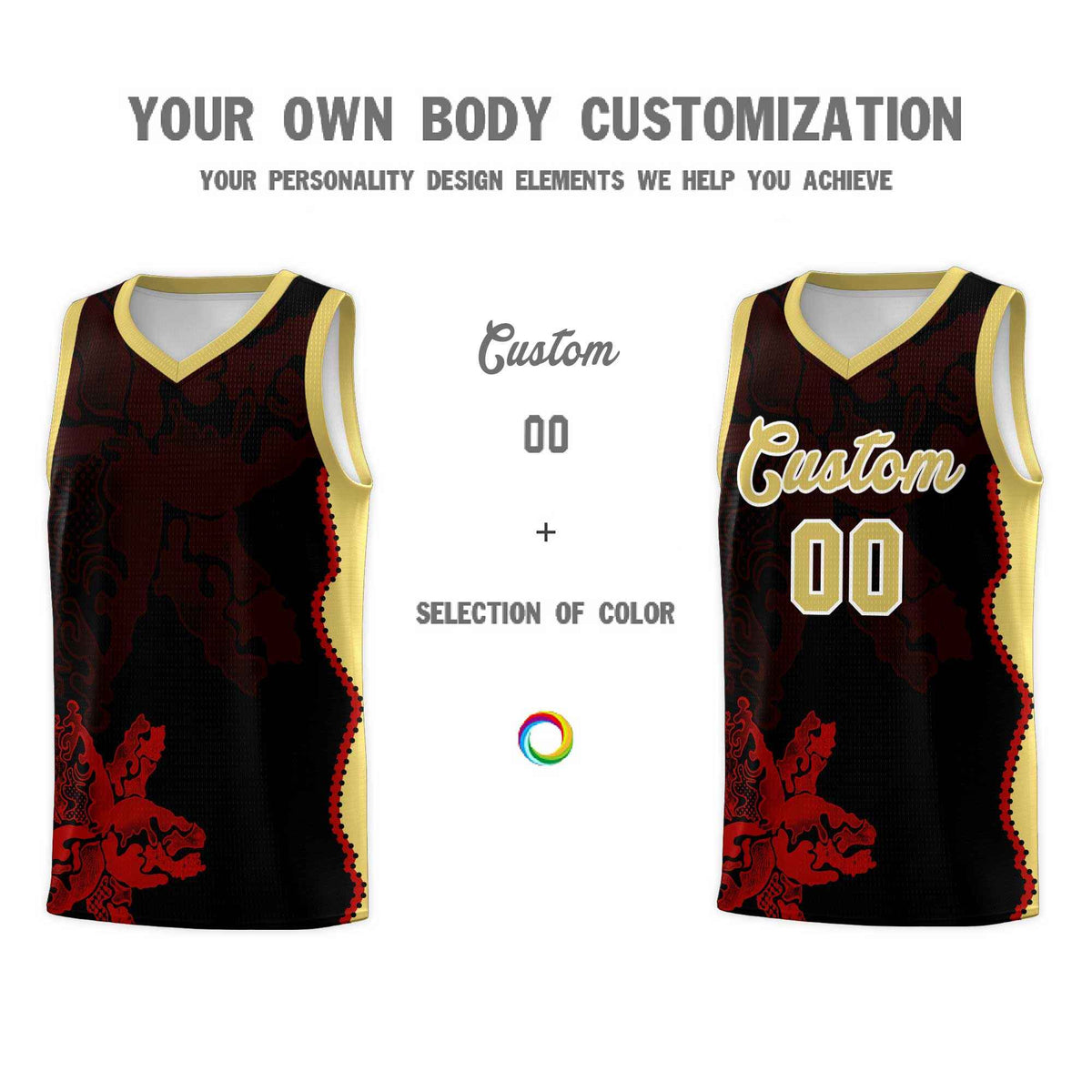 Custom Black Old Gold Basketball Jersey - Illusion Flower Graffiti Durable Fabric