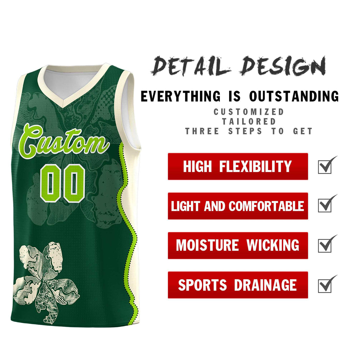 Custom Green Cream Basketball Jersey - Illusion Flower Graffiti Breathable Fabric