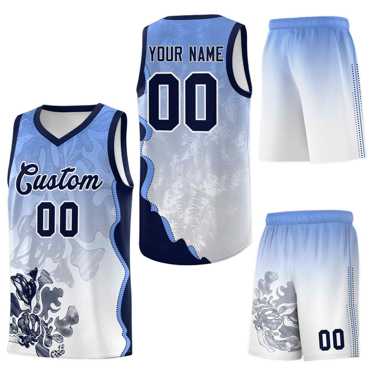 Custom White Navy Basketball Jersey - Illusion Flower Gradient Stretch Fabric