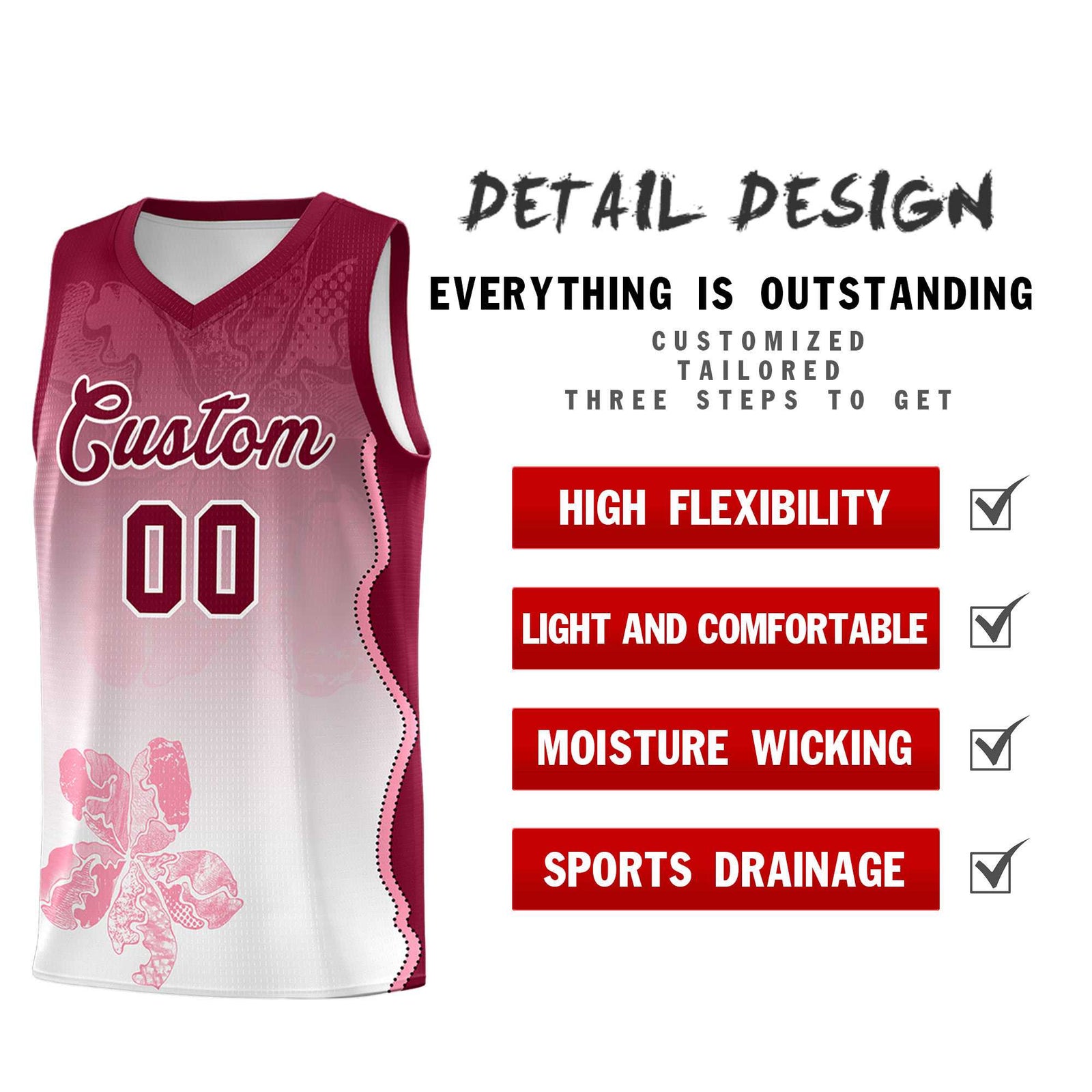Custom White Crimson Basketball Jersey - Illusion Flower Gradient Stretchy Fabric