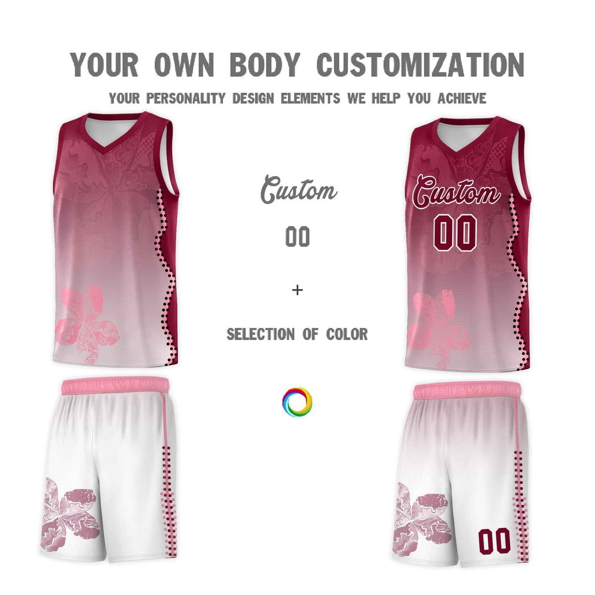 Custom White Crimson Basketball Jersey - Illusion Flower Gradient Stretchy Fabric