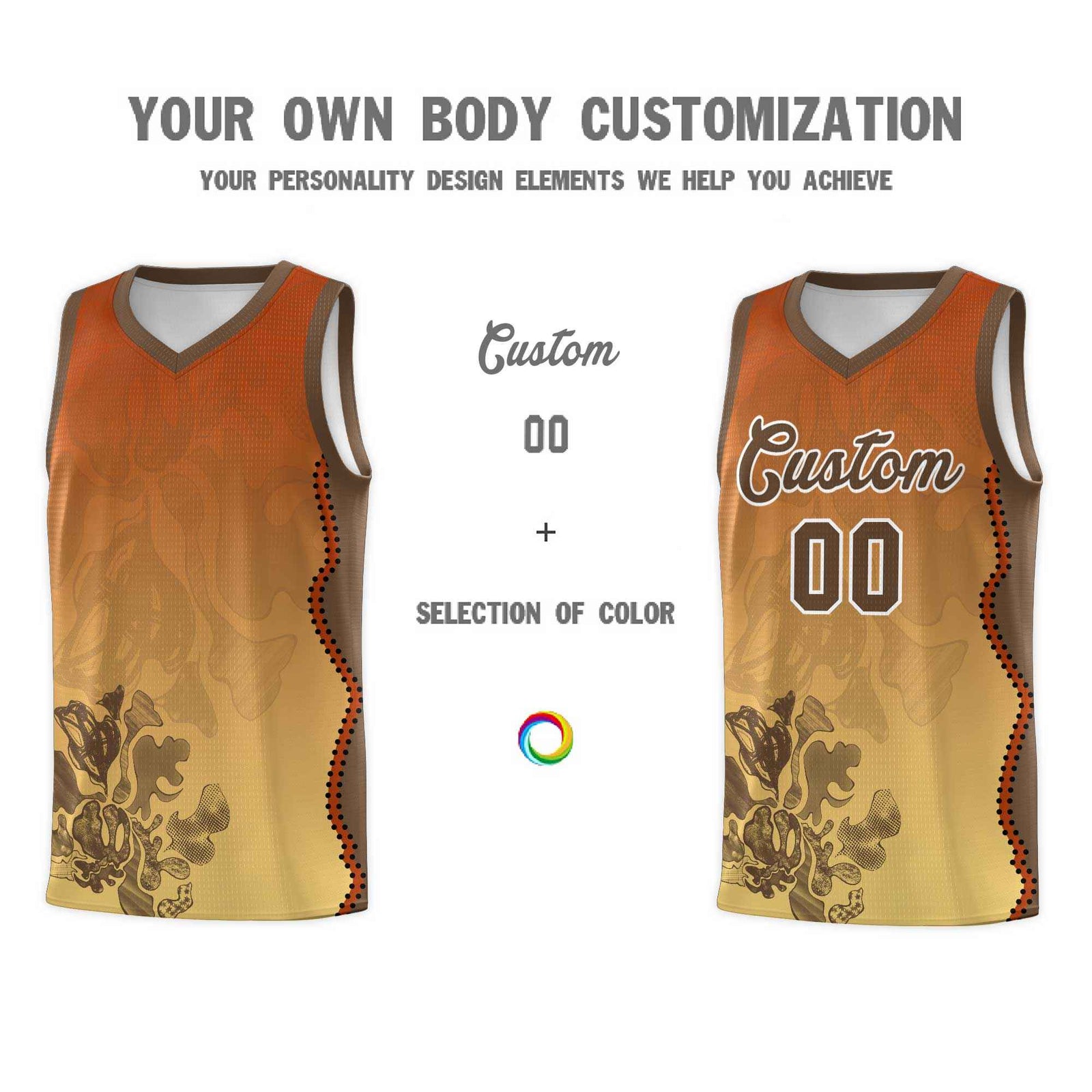Custom Khaki Dark Orange Basketball Jersey - Illusion Flower Gradient Quick dry Fabric