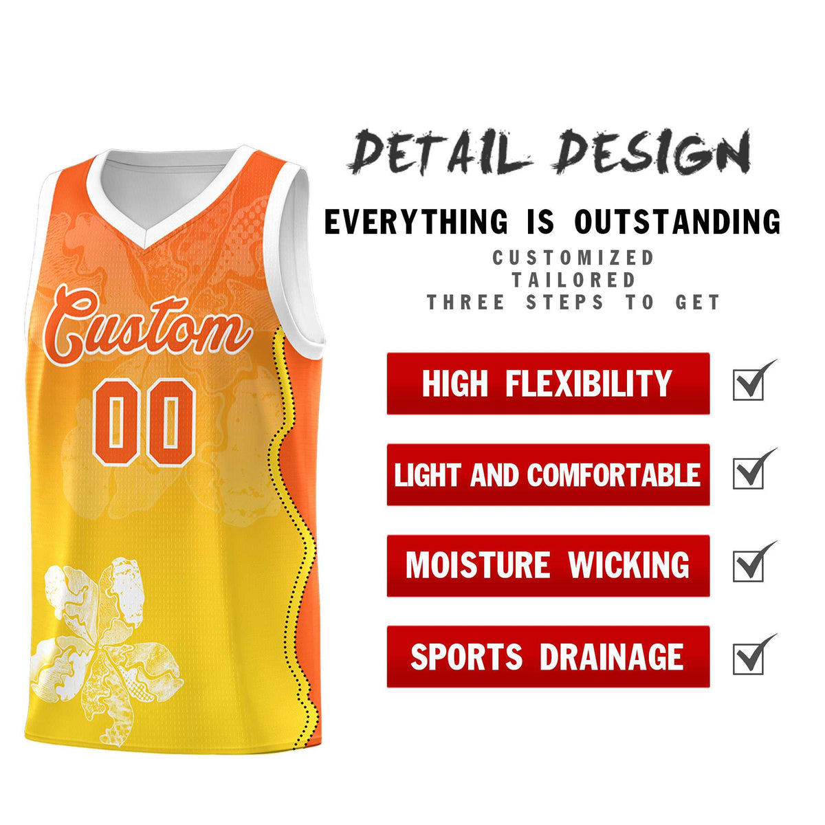 Custom Gold Orange Basketball Jersey - Illusion Flower Gradient Unique Fabric