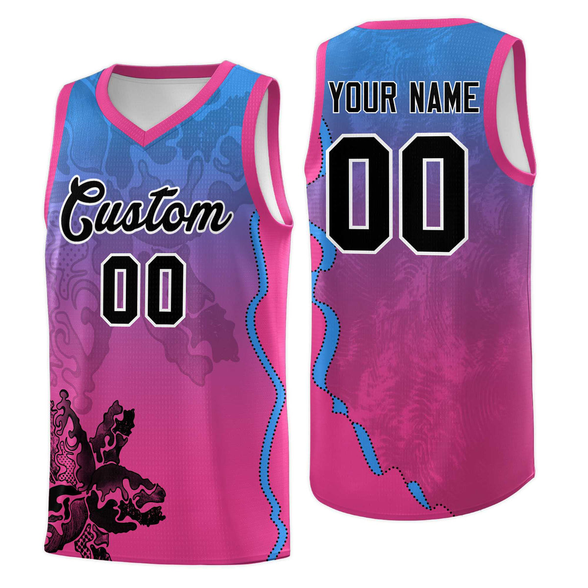 Custom Pink Light Blue Basketball Jersey - Illusion Flower Gradient Breathable mesh Fabric