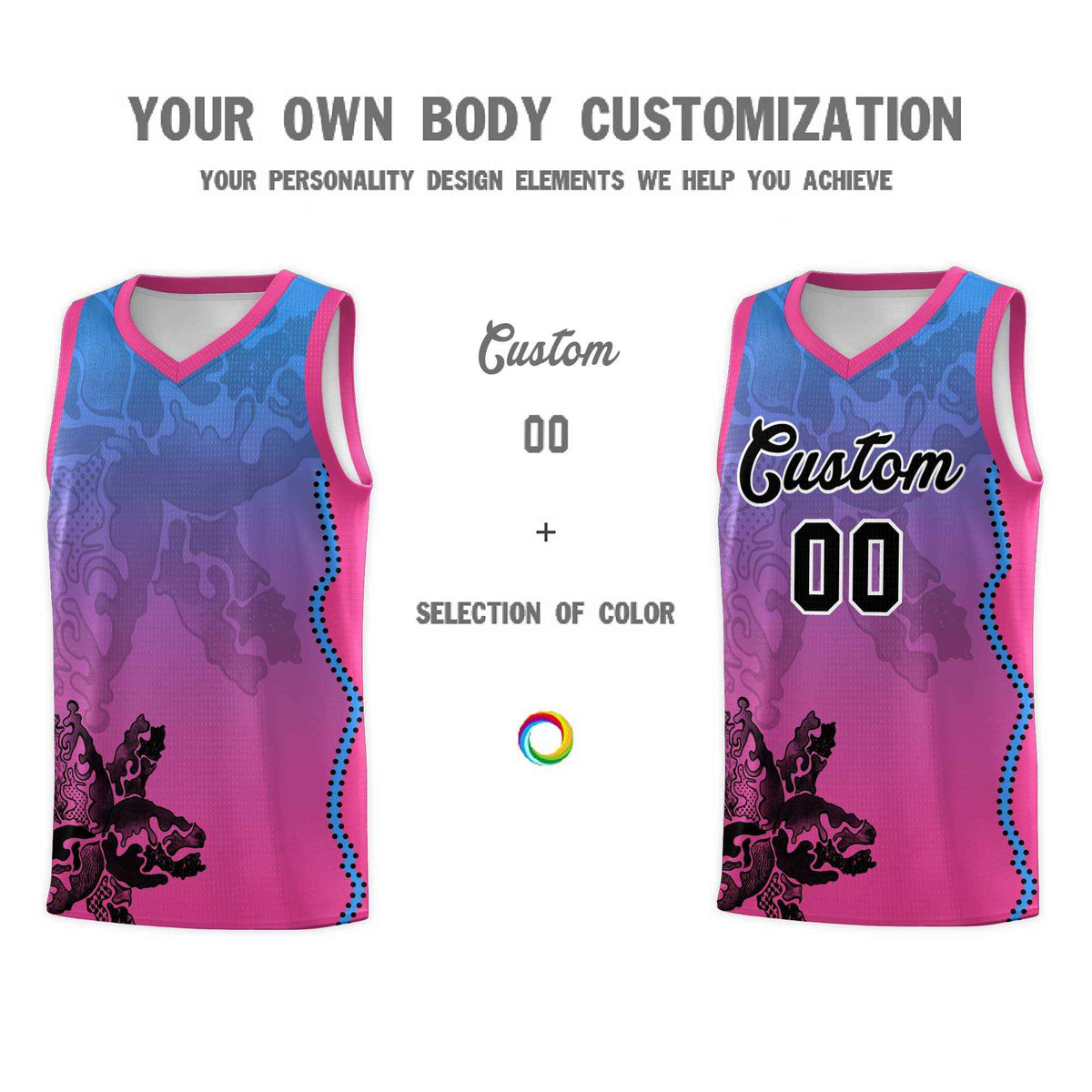 Custom Pink Light Blue Basketball Jersey - Illusion Flower Gradient Breathable mesh Fabric