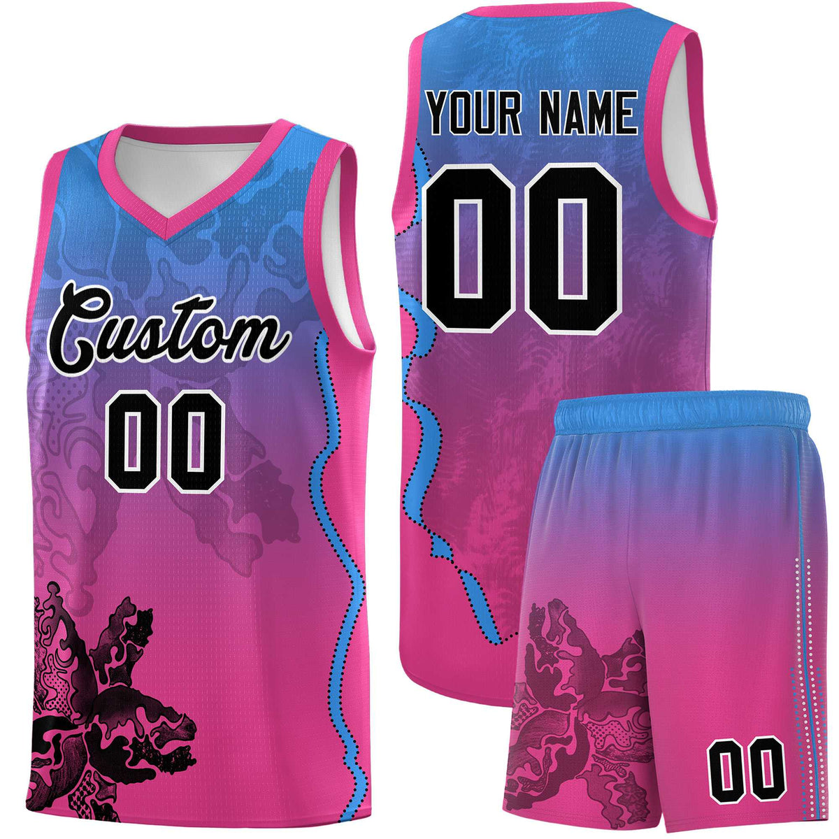 Custom Pink Light Blue Basketball Jersey - Illusion Flower Gradient Breathable mesh Fabric