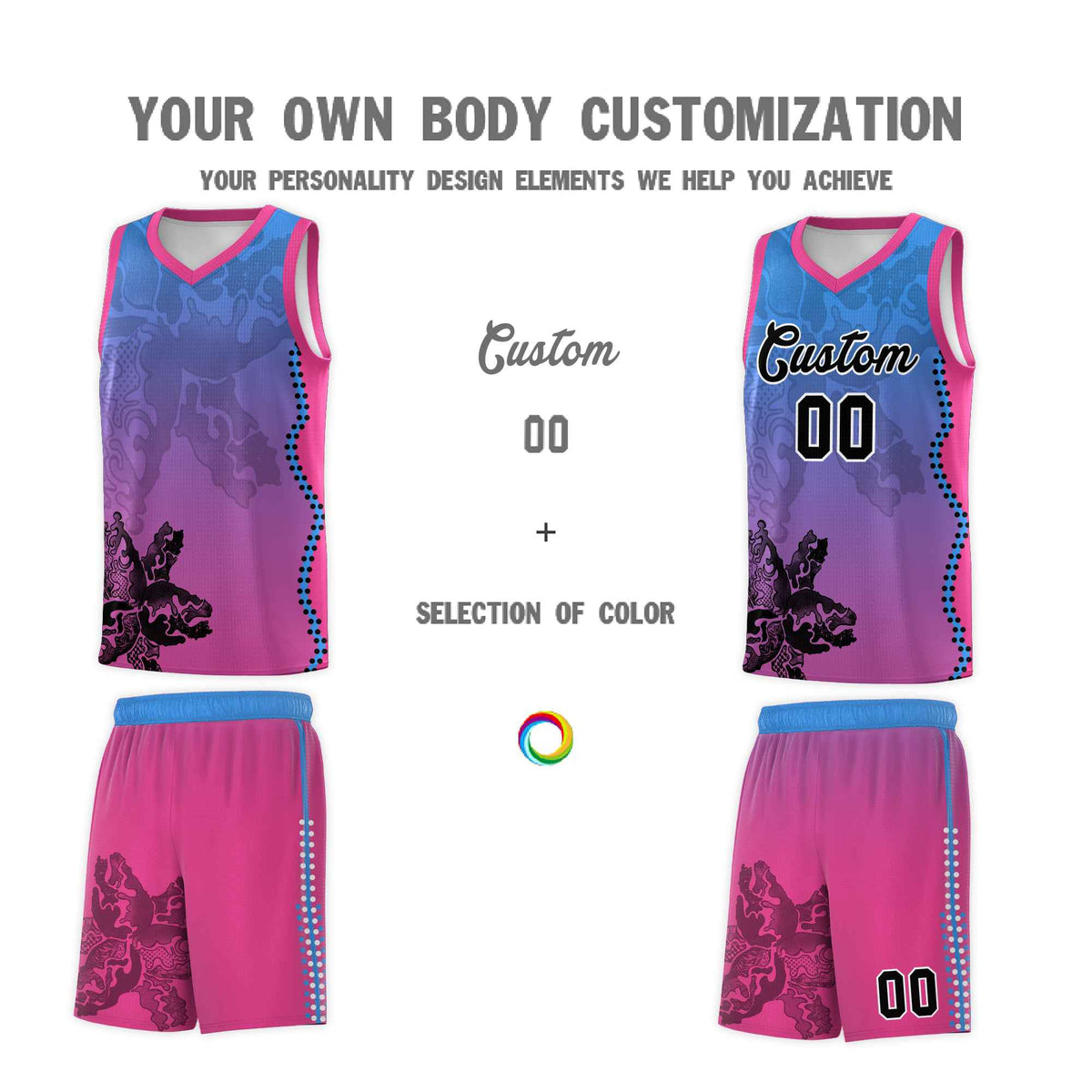 Custom Pink Light Blue Basketball Jersey - Illusion Flower Gradient Breathable mesh Fabric