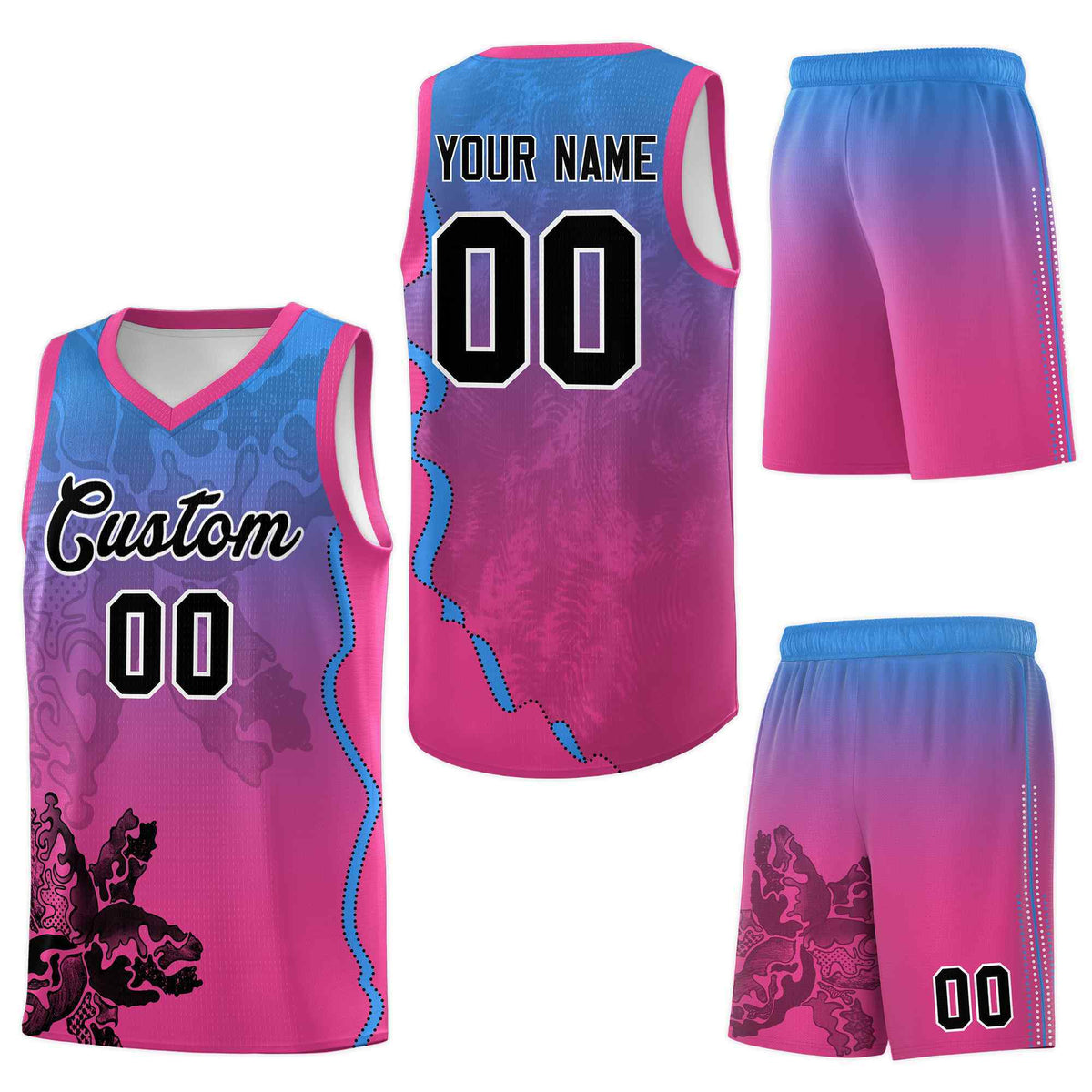 Custom Pink Light Blue Basketball Jersey - Illusion Flower Gradient Sublimation Printing