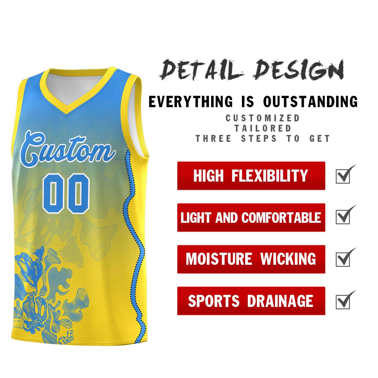 Custom Gold Light Blue Basketball Jersey - Illusion Flower Gradient Breathable Fabric