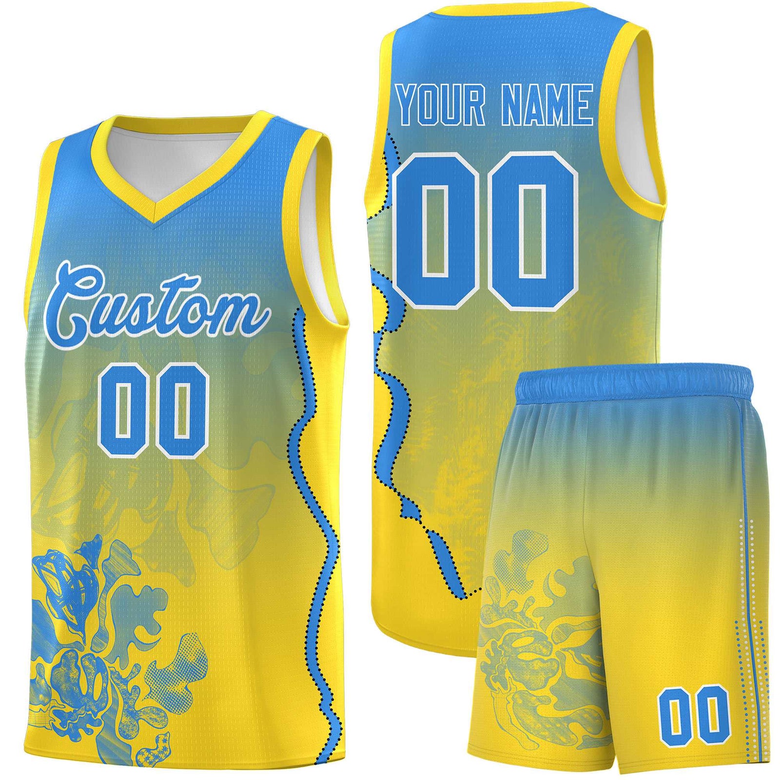 Custom Gold Light Blue Basketball Jersey - Illusion Flower Gradient Breathable Fabric