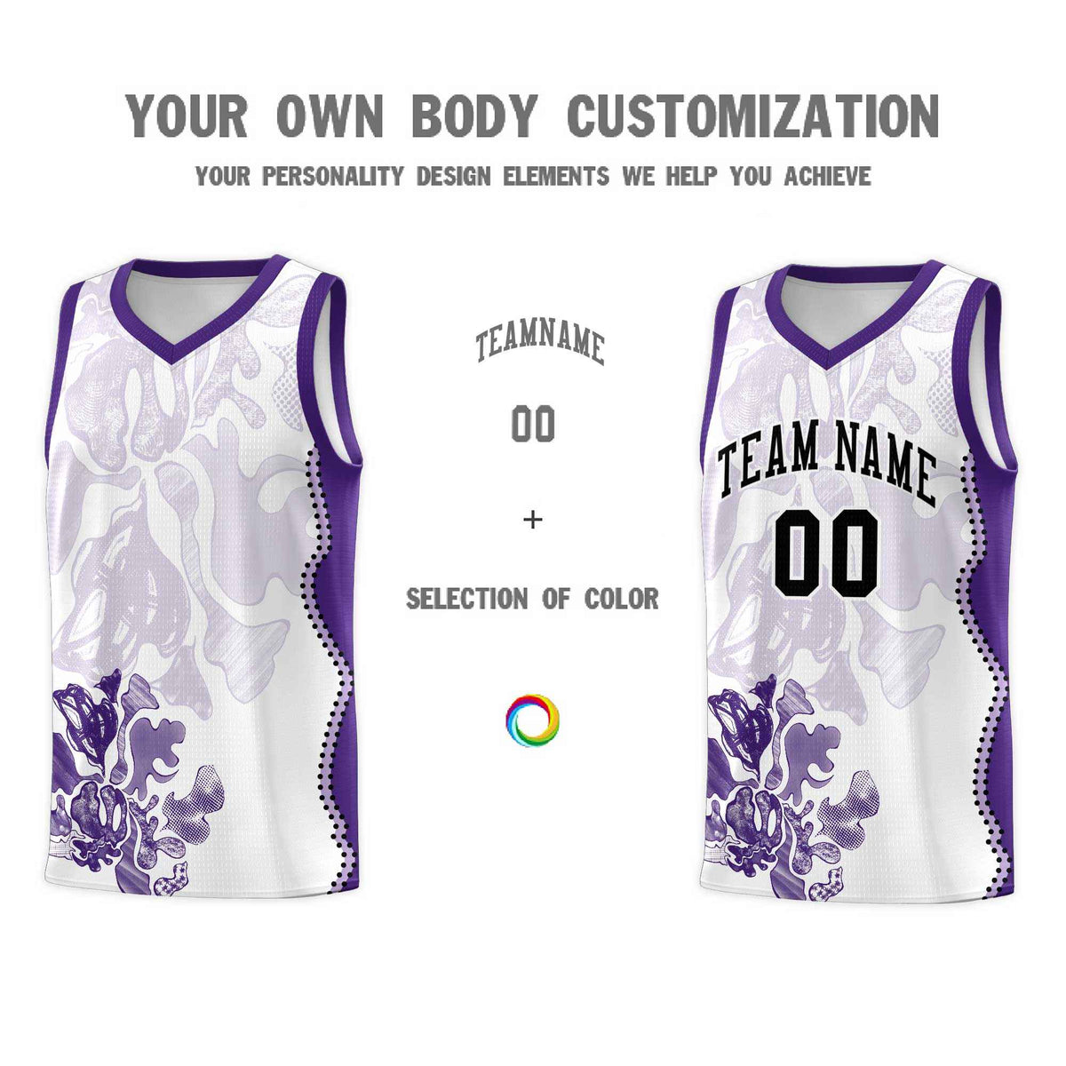 Custom White Purple Basketball Jersey - Illusion Flower Graffiti Moisture-wicking Fabric