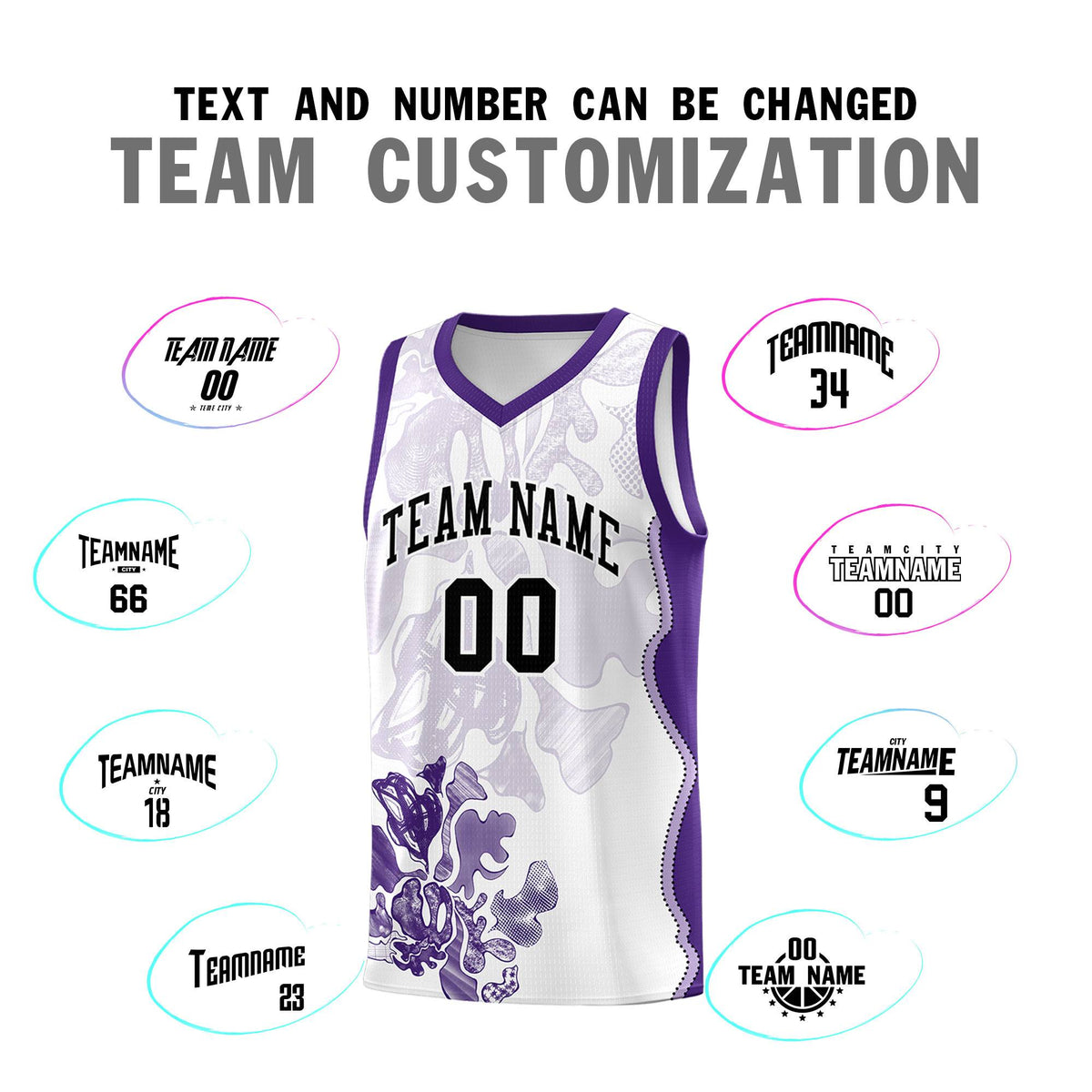 Custom White Purple Basketball Jersey - Illusion Flower Graffiti Moisture-wicking Fabric