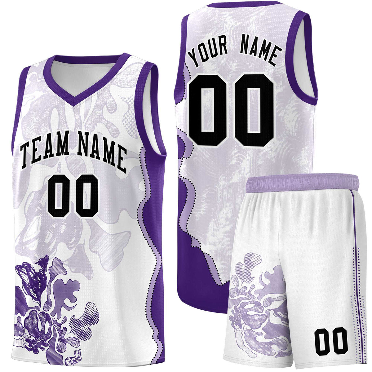 Custom White Purple Basketball Jersey - Illusion Flower Graffiti Moisture-wicking Fabric