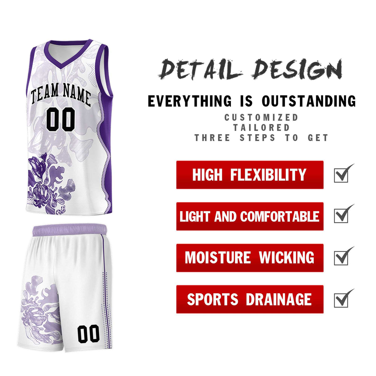 Custom White Purple Basketball Jersey - Illusion Flower Graffiti Moisture-wicking Fabric