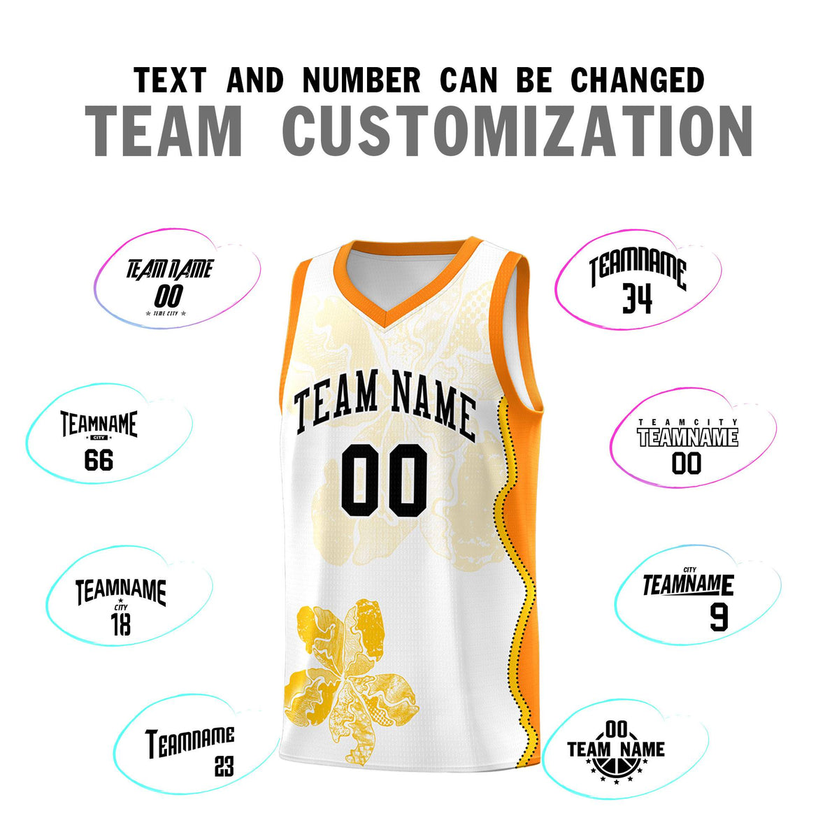 Custom White Orange Basketball Jersey - Illusion Flower Graffiti Durable Fabric