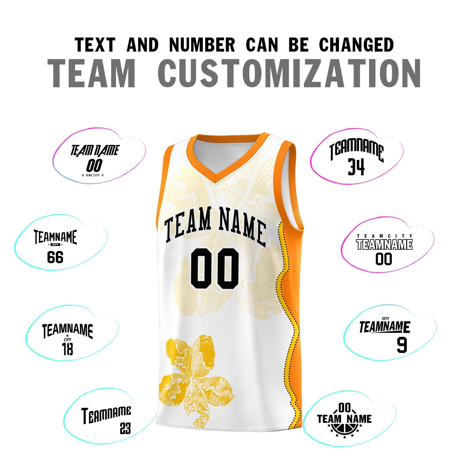 Custom White Orange Basketball Jersey - Illusion Flower Graffiti Durable Fabric