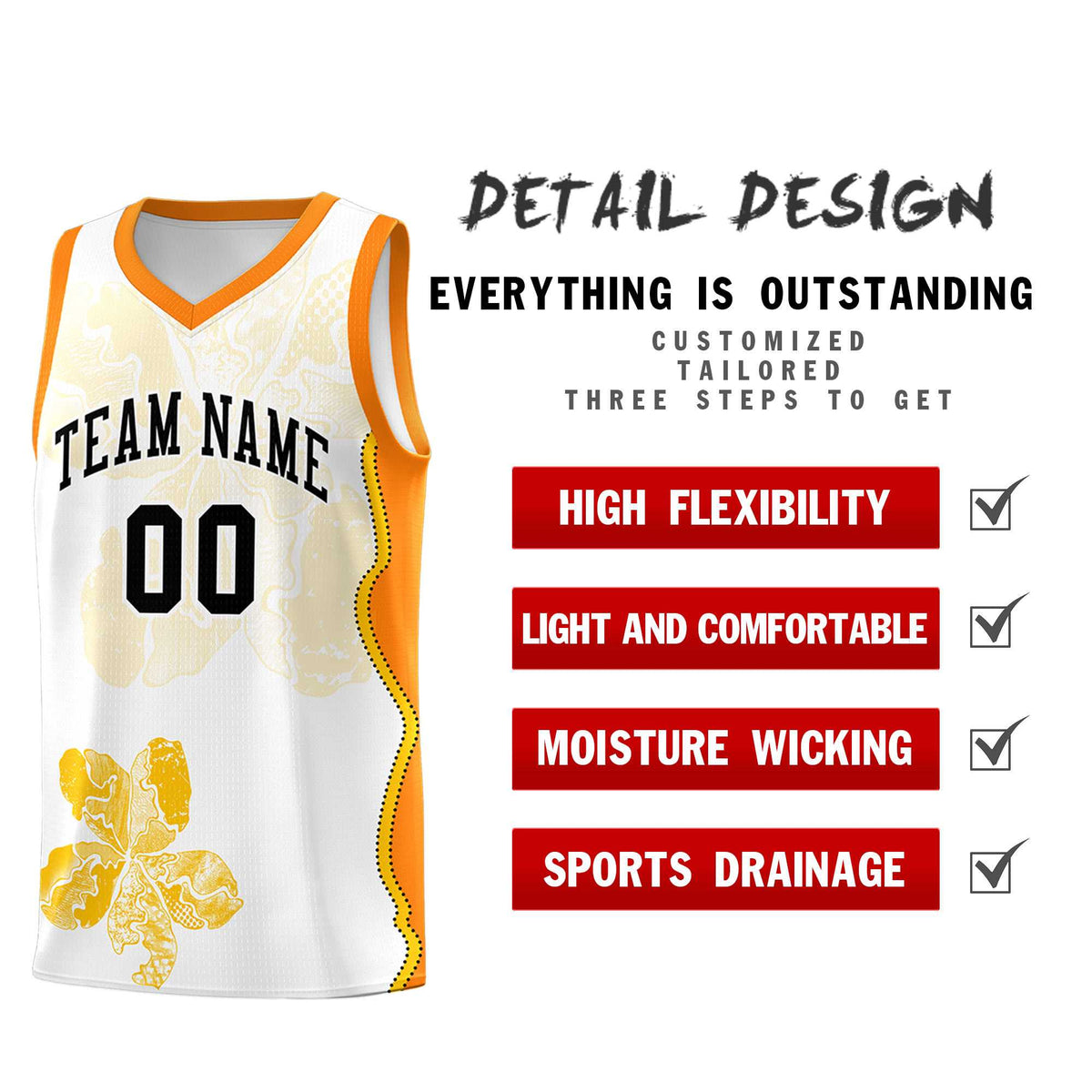 Custom White Orange Basketball Jersey - Illusion Flower Graffiti Durable Fabric