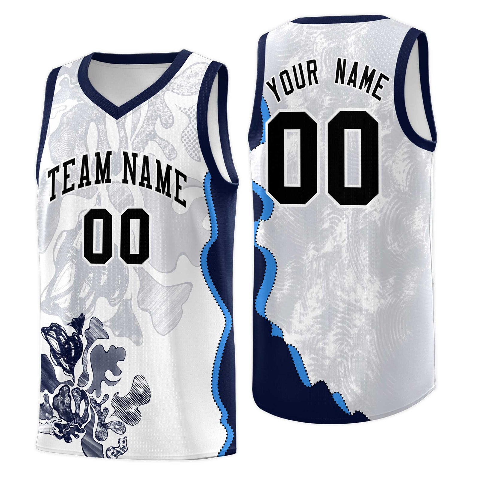 Custom White Navy Basketball Jersey - Illusion Flower Graffiti Breathable Fabric