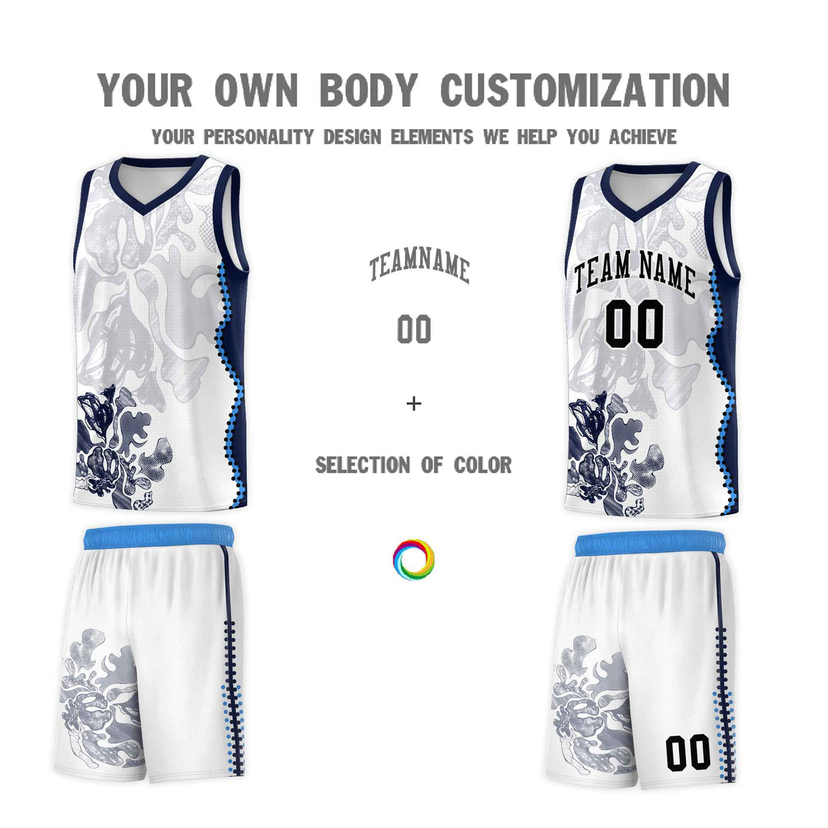 Custom White Navy Basketball Jersey - Illusion Flower Graffiti Breathable Fabric
