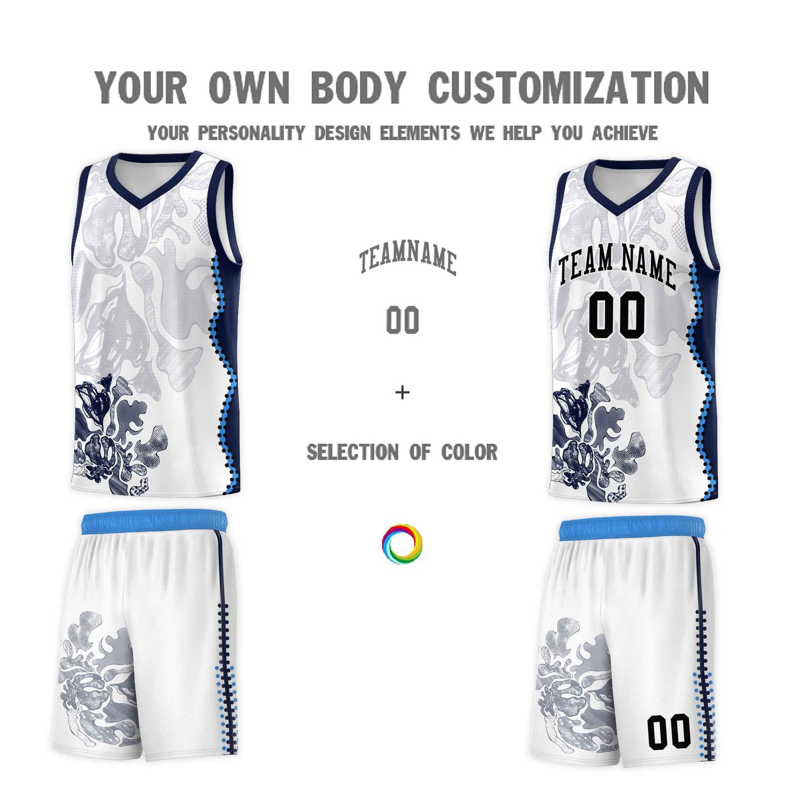 Custom White Navy Basketball Jersey - Illusion Flower Graffiti Breathable Fabric