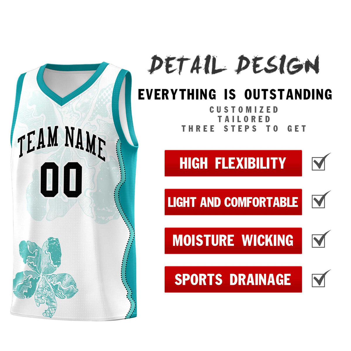 Custom White Teal Basketball Jersey - Illusion Flower Graffiti Lightweight Fabric