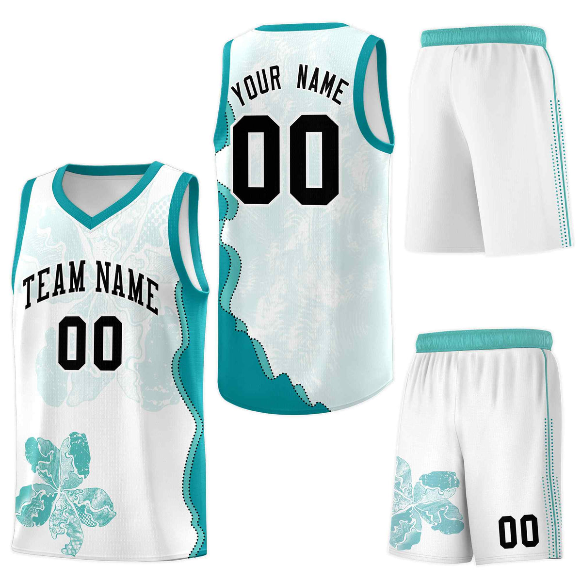 Custom White Teal Basketball Jersey - Illusion Flower Graffiti Quick-Drying
