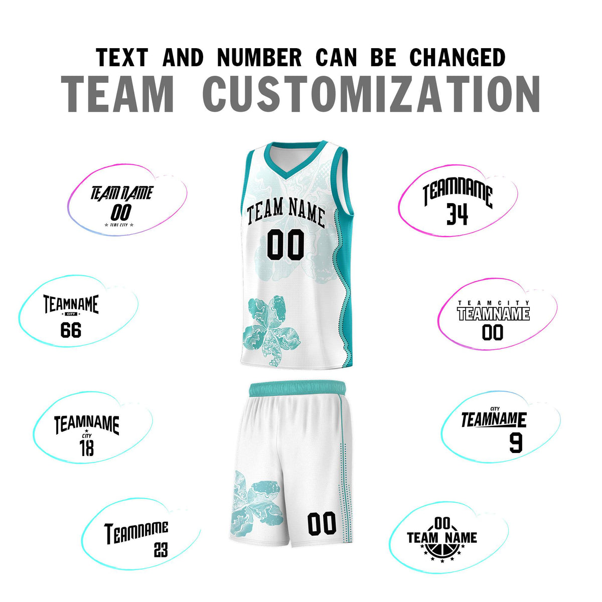 Custom White Teal Basketball Jersey - Illusion Flower Graffiti Lightweight Fabric