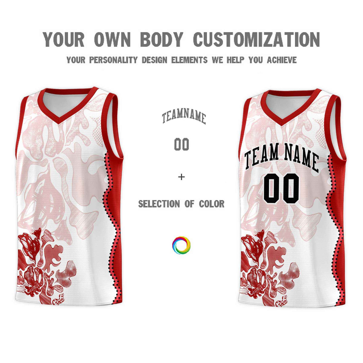 Custom White Red Basketball Jersey - Illusion Flower Graffiti Stretchy Fabric