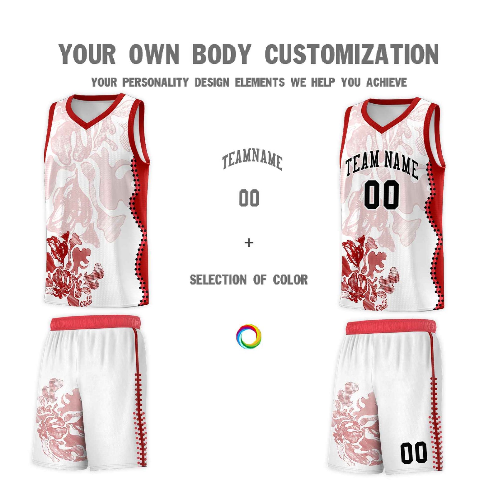 Custom White Red Basketball Jersey - Illusion Flower Graffiti Stretchy Fabric