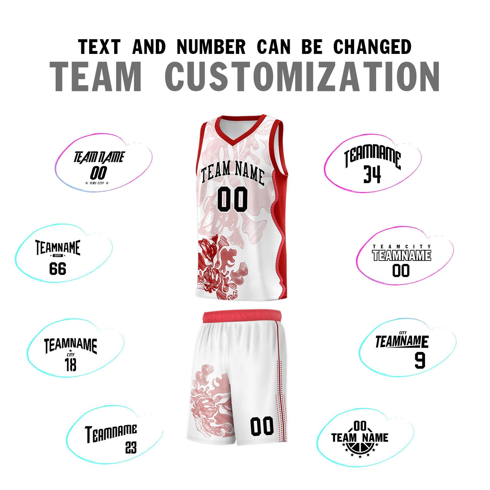 Custom White Red Basketball Jersey - Illusion Flower Graffiti Stretchy Fabric