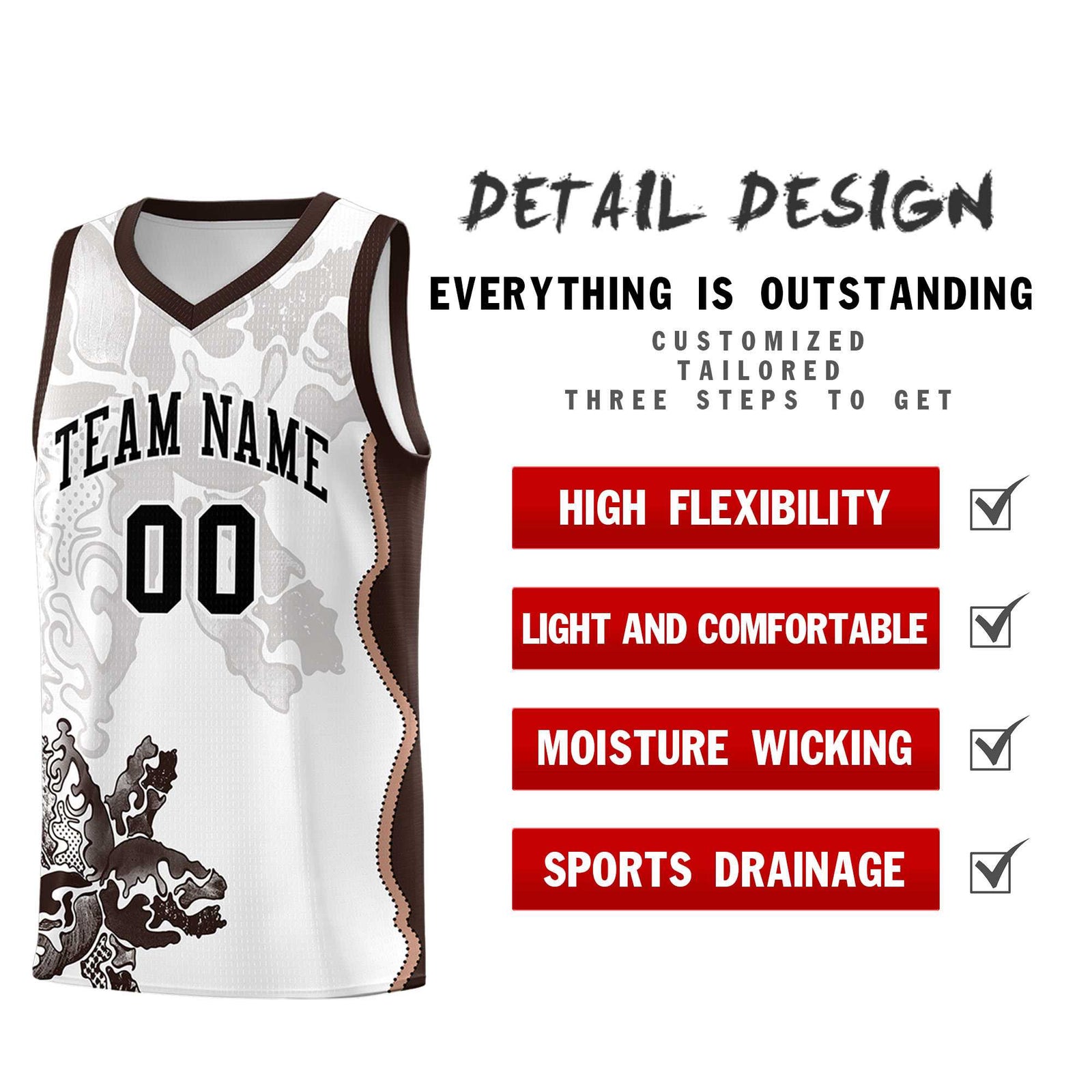 Custom White Brown Basketball Jersey - Illusion Flower Graffiti Quick dry Fabric