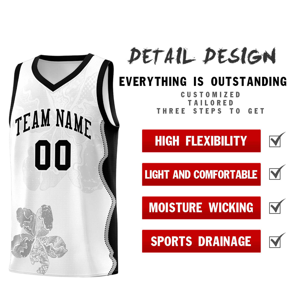 Custom White Black Basketball Jersey - Illusion Flower Graffiti Stylish Fabric