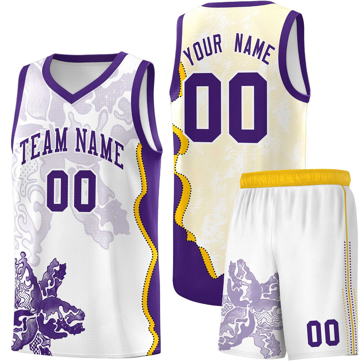 Custom White Purple Basketball Jersey - Illusion Flower Graffiti Moisture-wicking Fabric