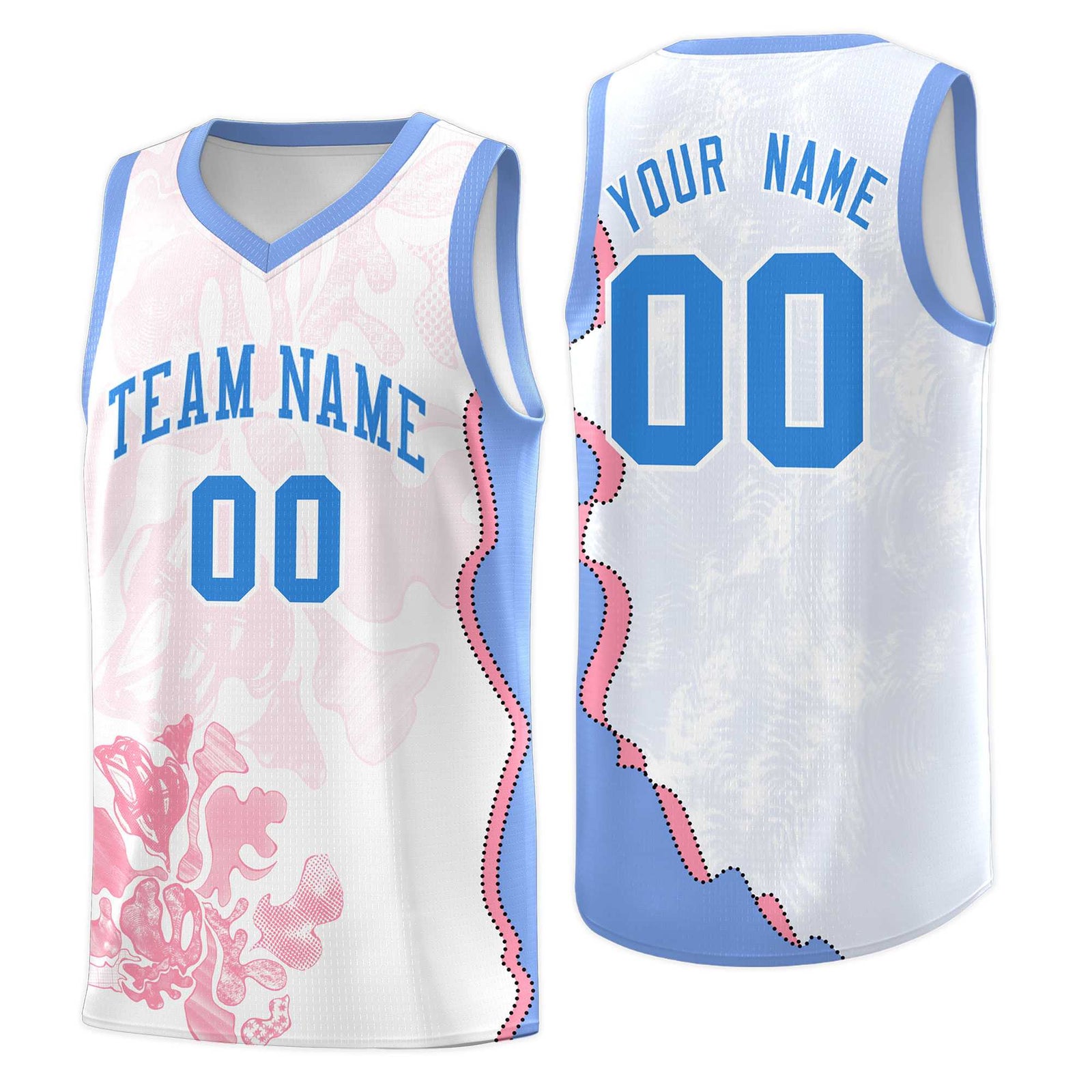 Custom White Light Blue Basketball Jersey - Illusion Flower Graffiti Durable Fabric