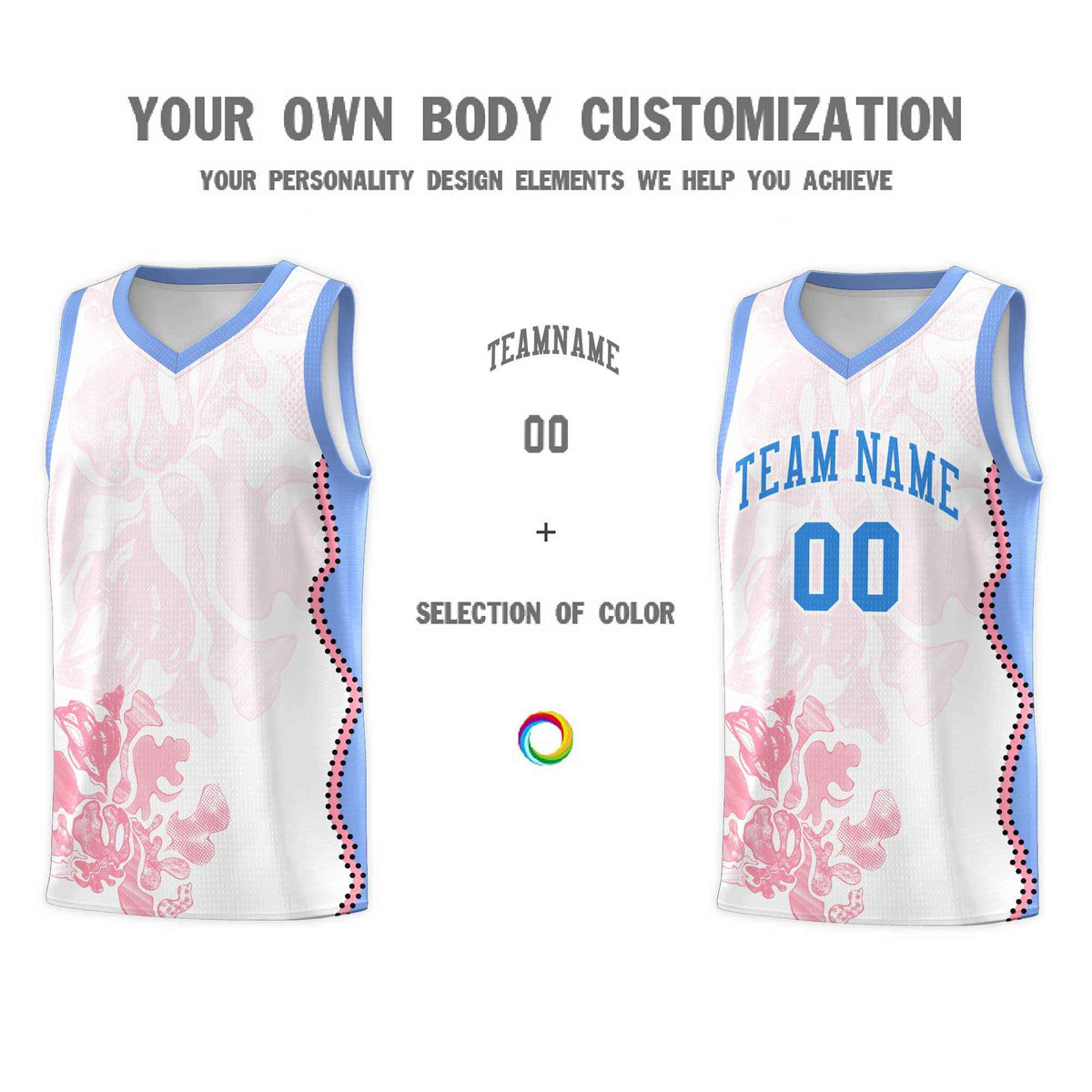Custom White Light Blue Basketball Jersey - Illusion Flower Graffiti Durable Fabric