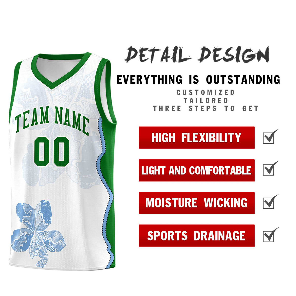 Custom White Kelly Green Basketball Jersey - Illusion Flower Graffiti Moisture wicking Fabric