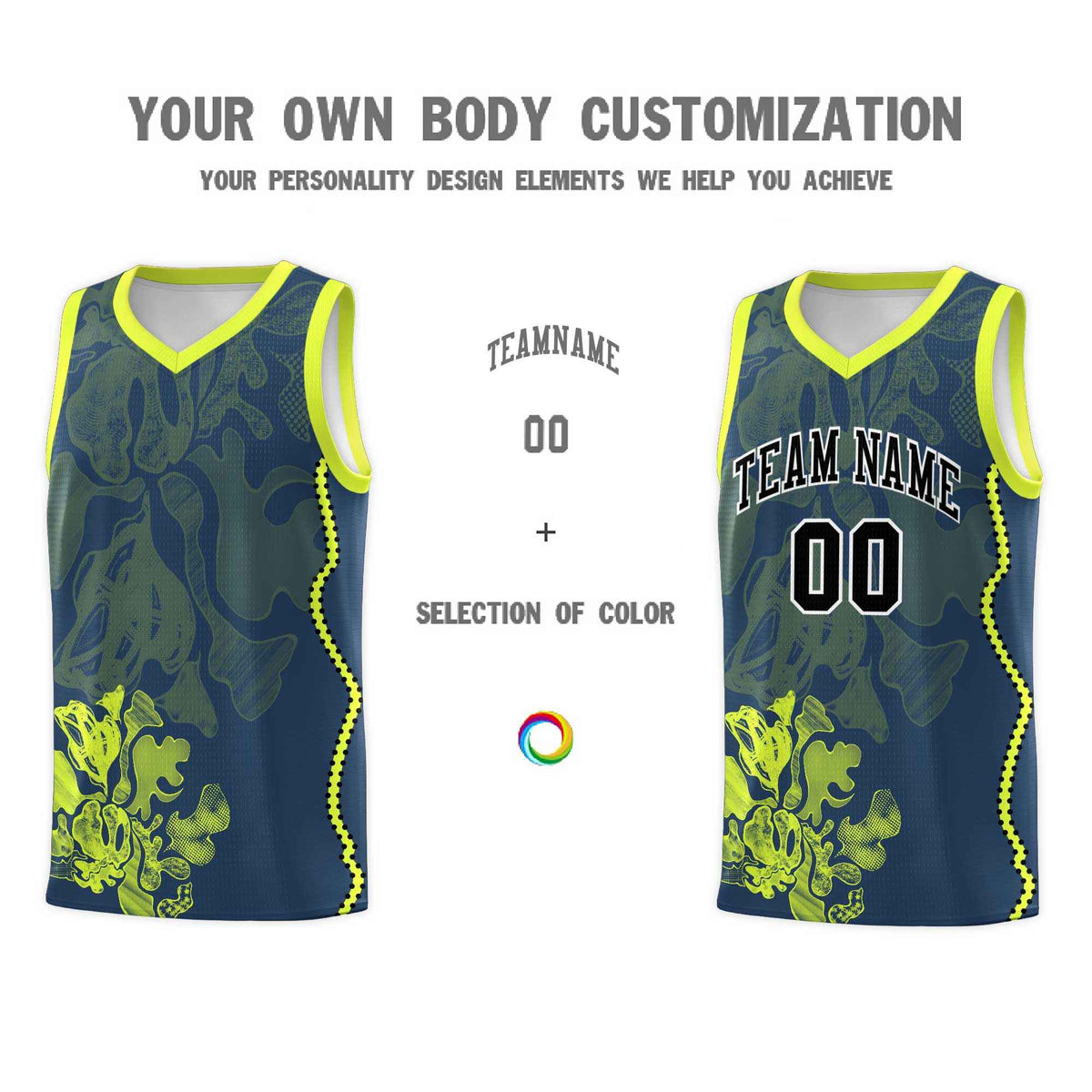 Custom Midnight Blue Fluorescent Green Basketball Jersey - Illusion Flower Graffiti Stylish Fabric