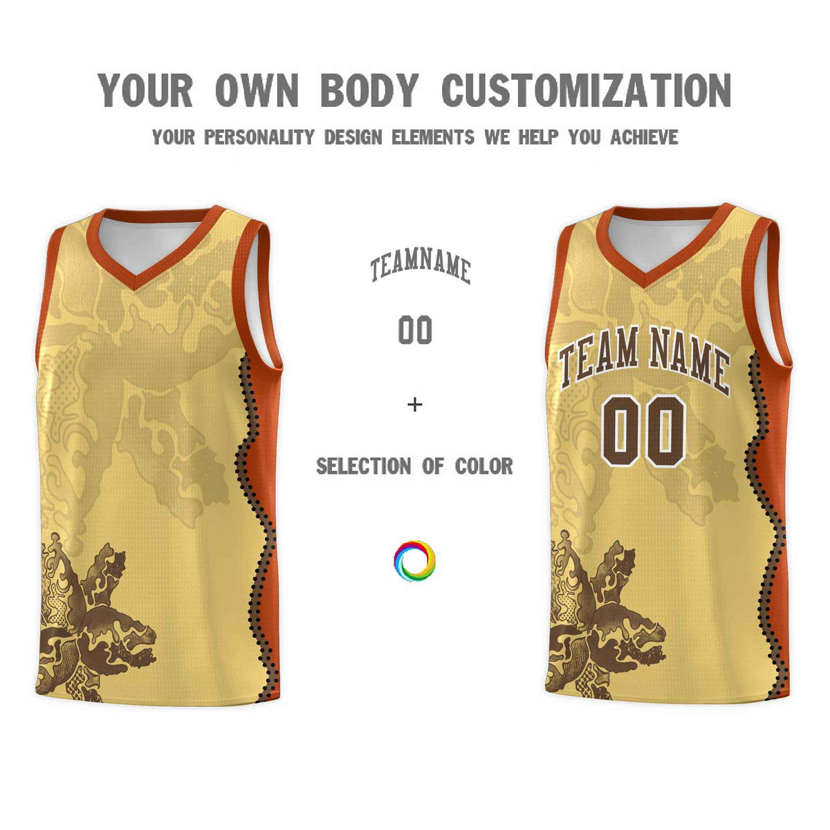 Custom Khaki Dark Orange Basketball Jersey - Illusion Flower Graffiti Unique Fabric