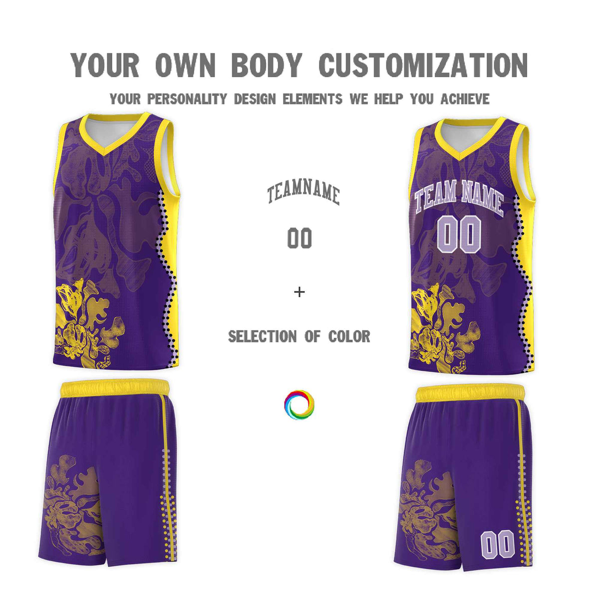 Custom Purple Gold Basketball Jersey - Illusion Flower Graffiti Breathable mesh Fabric