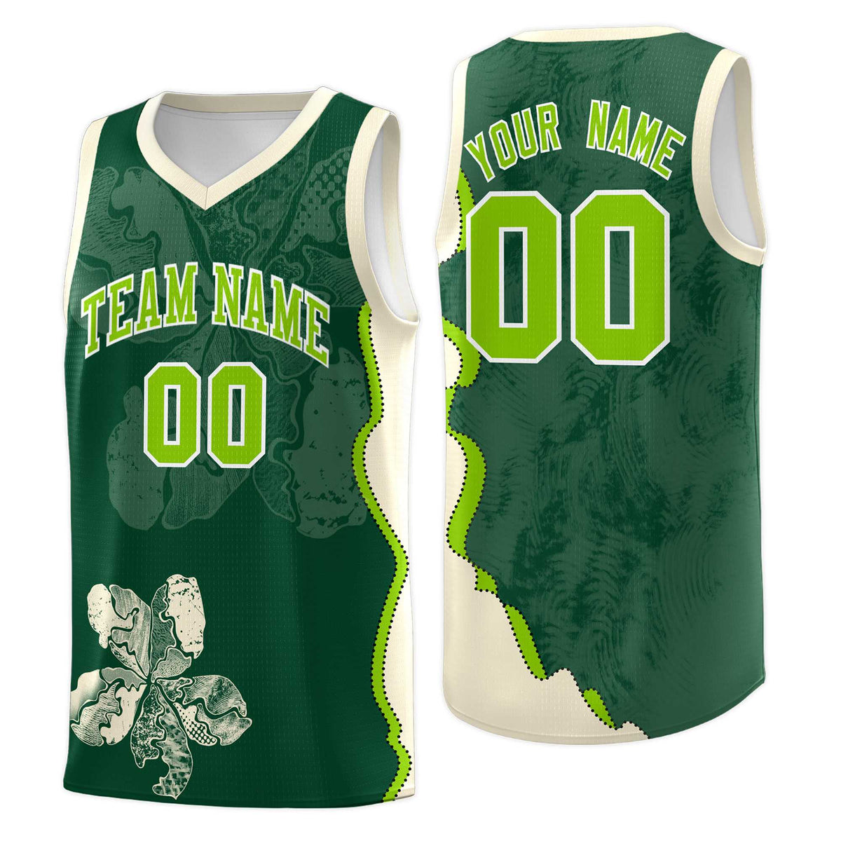 Custom Green Cream Basketball Jersey - Illusion Flower Graffiti Breathable Fabric