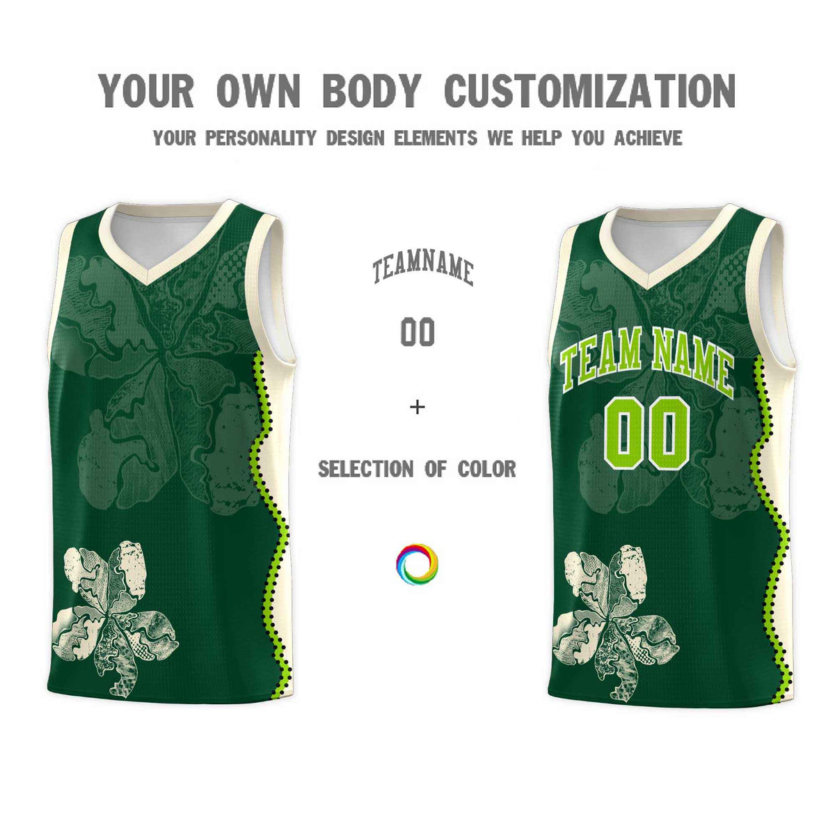 Custom Green Cream Basketball Jersey - Illusion Flower Graffiti Breathable Fabric