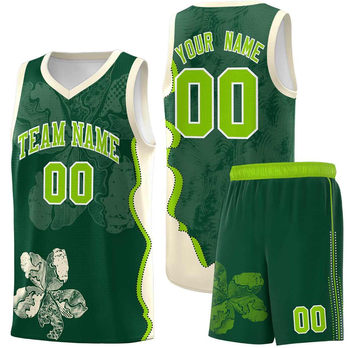 Custom Green Cream Basketball Jersey - Illusion Flower Graffiti Breathable Fabric