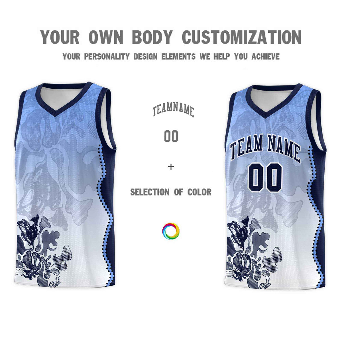 Custom White Navy Basketball Jersey - Illusion Flower Gradient Moisture wicking Fabric
