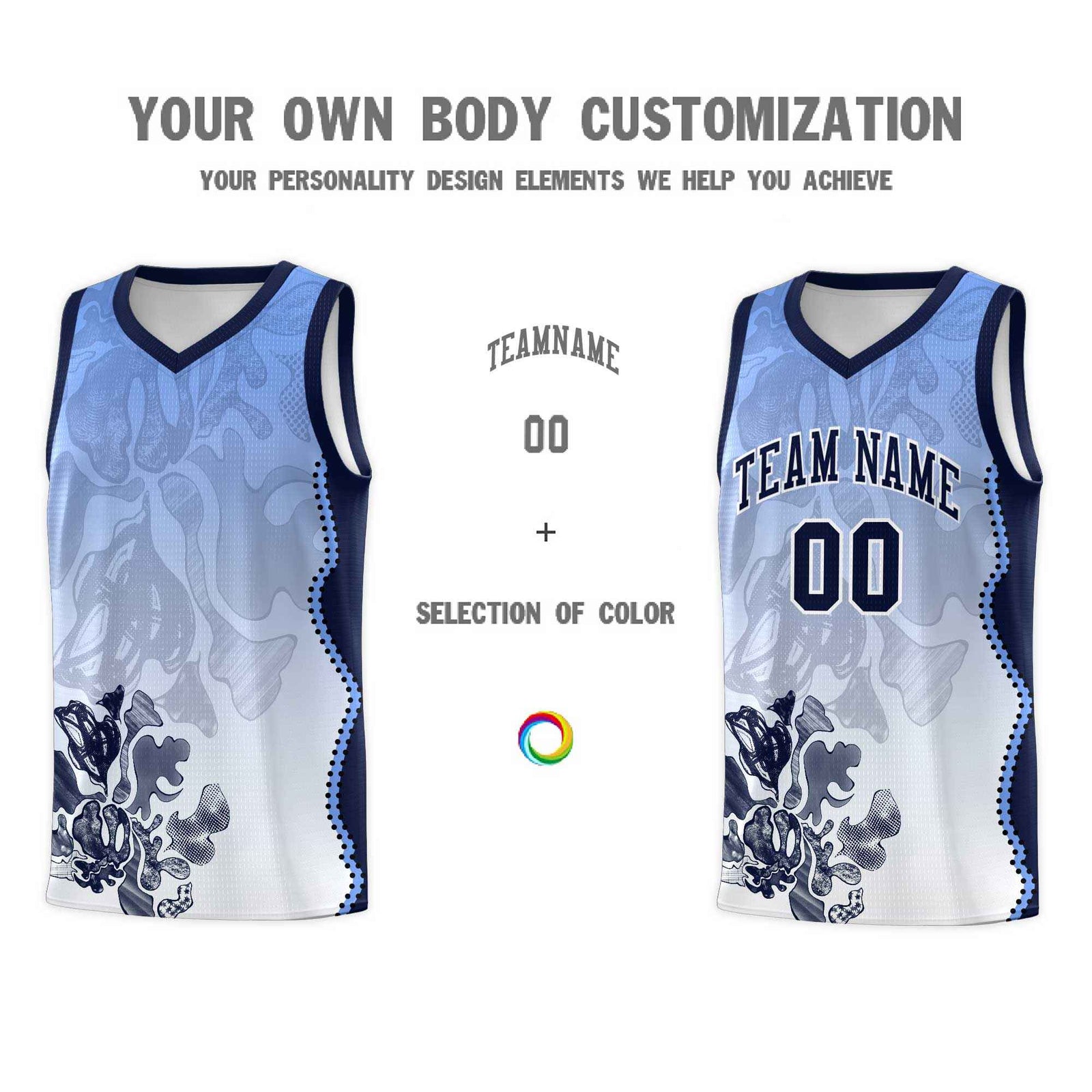Custom White Navy Basketball Jersey - Illusion Flower Gradient Moisture wicking Fabric