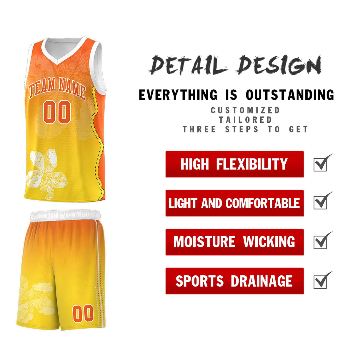 Custom Gold Orange Basketball Jersey - Illusion Flower Gradient Unique Fabric