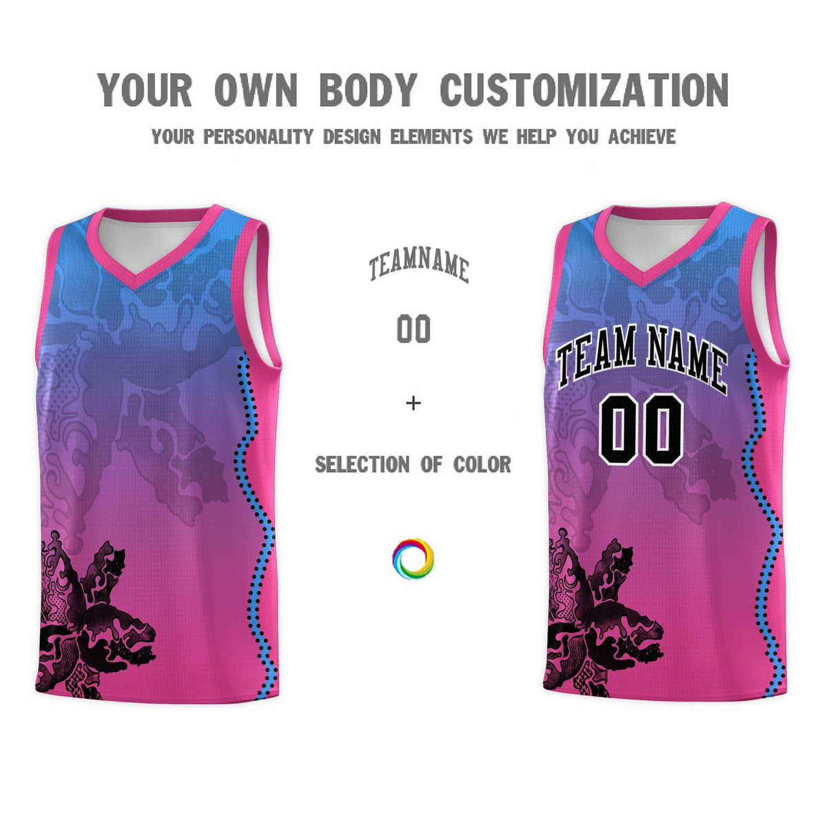 Custom Pink Light Blue Basketball Jersey - Illusion Flower Gradient Breathable mesh Fabric